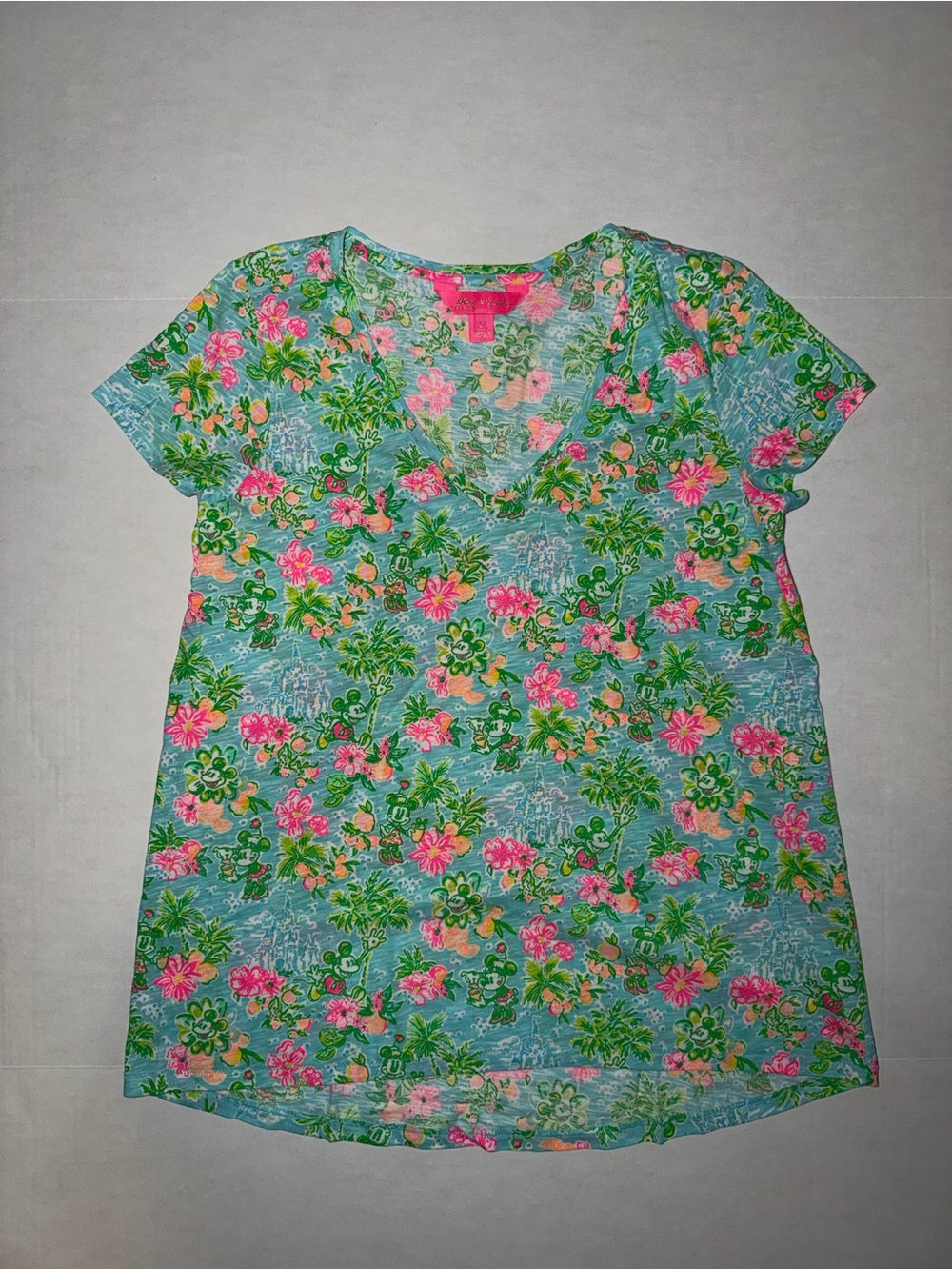 Lilly Pulitzer Disney Aqua Floral V-Neck Tee with Pink Flowers